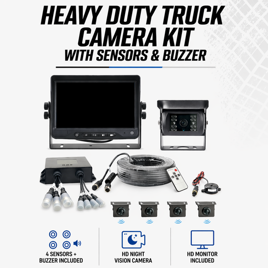 CJ INDUSTRIES Heavy-Duty Parking Sensor & Reverse Camera System with Monitor – Blind Spot Detection for Trucks / Caravans / Commercial Vehicles