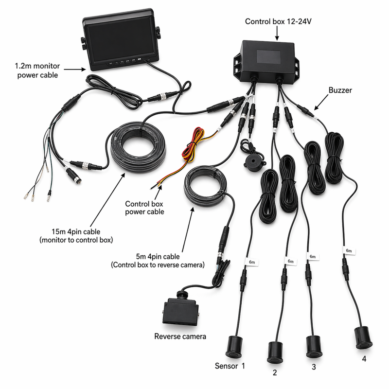 Load image into Gallery viewer, CJ INDUSTRIES Heavy-Duty Parking Sensor &amp; Reverse Camera System with Monitor – Blind Spot Detection for Trucks / Caravans / Commercial Vehicles
