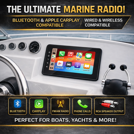 CJ INDUSTRIES 8” Waterproof Marine CarPlay & Android Auto Touchscreen Radio | Bluetooth Boat / Caravan Stereo | AM/FM | RCA Outputs