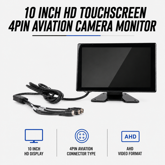 CJ INDUSTRIES 10" HD Touchscreen 4pin Aviation Camera DVR Monitor – 4 Camera Split Screen Display